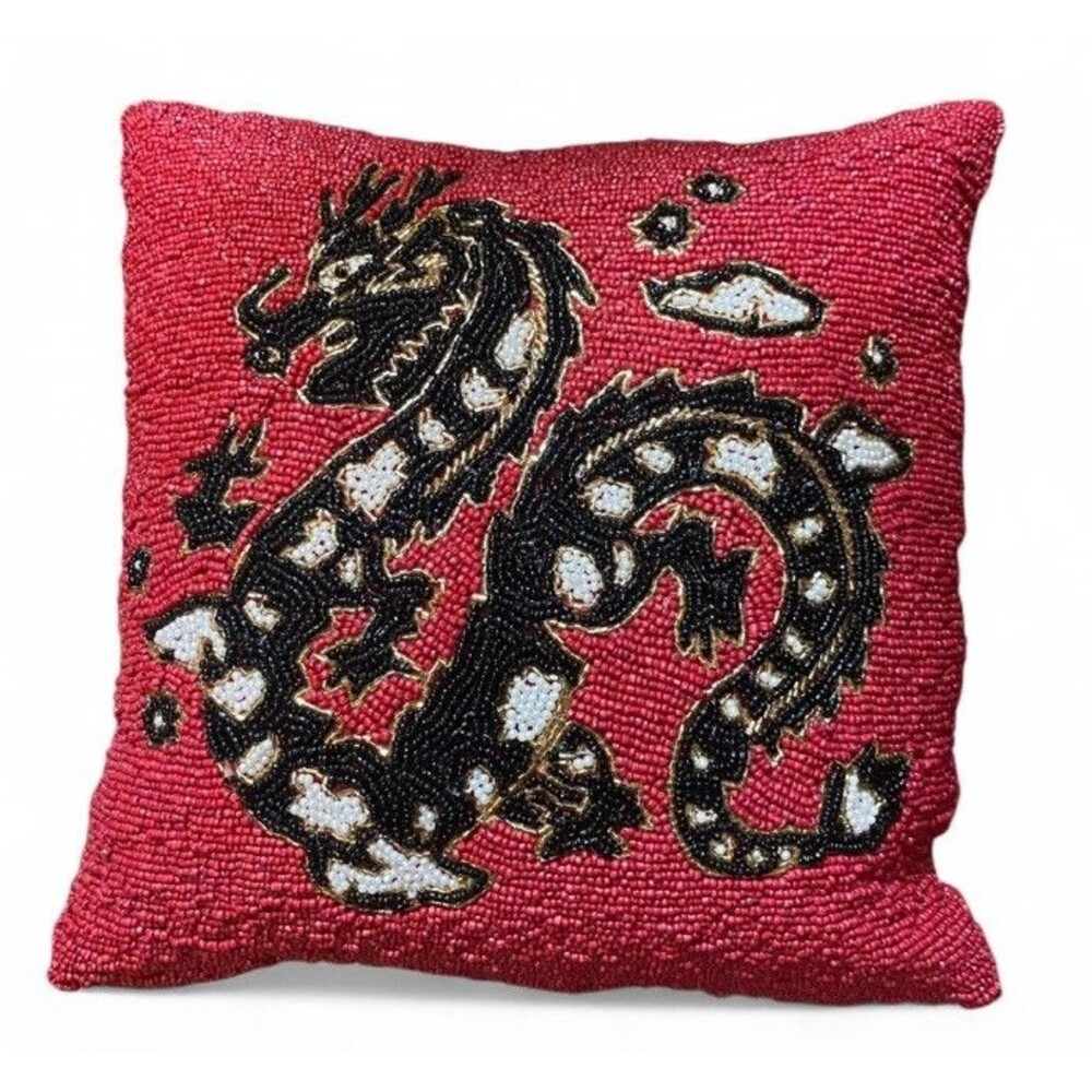 Chinese New Year 2024 Dragon Red Black 13x13 Square Beaded Toss Pillow Zodiac